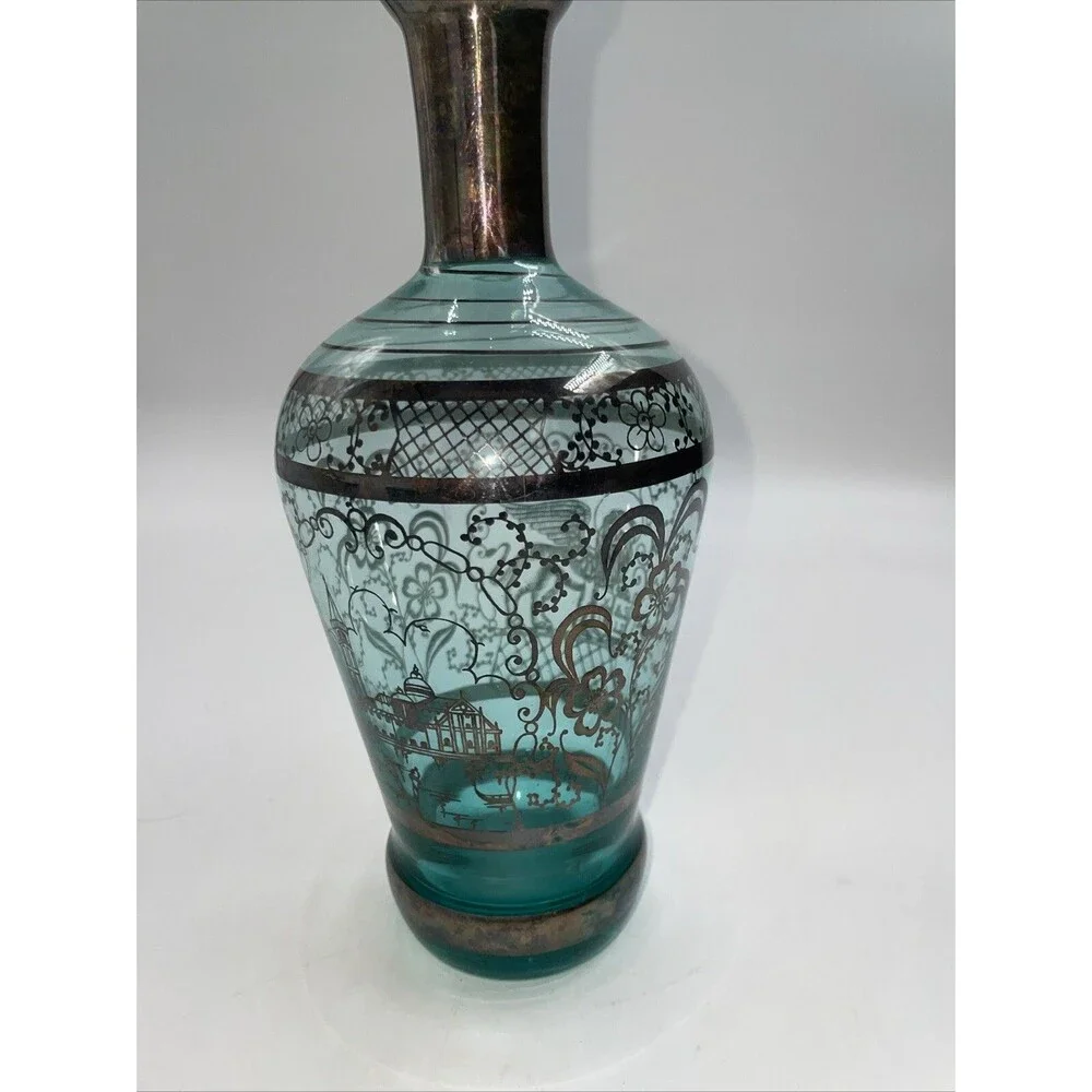 VINTAGE Art Deco Venetian Hand Blown Silver Overlay Glass Decanter 3 Cordials